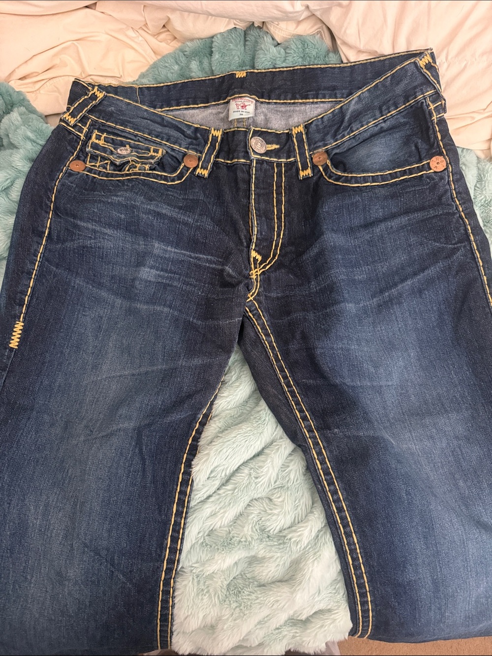 True Religion Dark Blue Jeans with Yellow Contrast Stitching